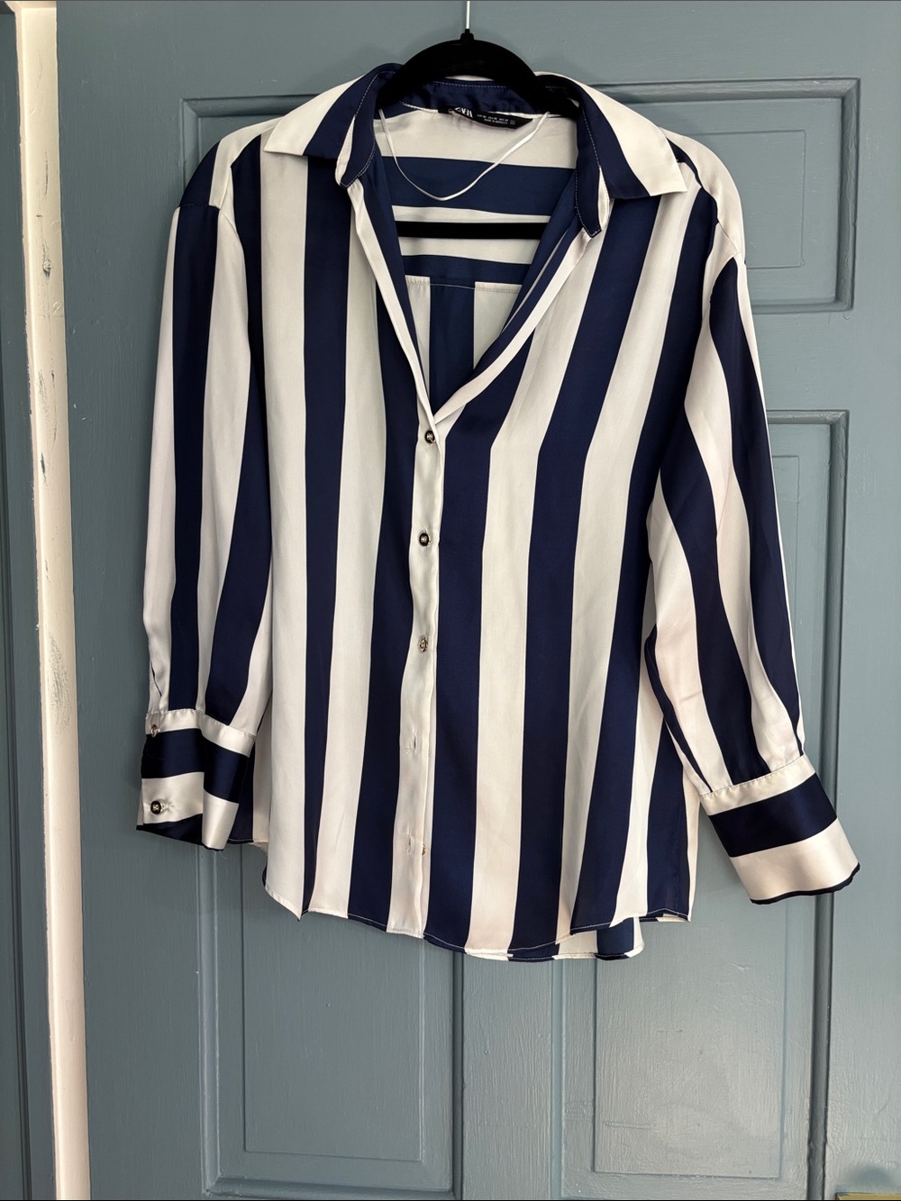 Navy and White Vertical Stripe Button-Up Shirt silk